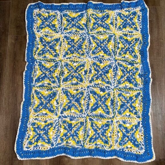 Handmade Crocheted Blanket Afghan Blue Yellow  White EUC Baby Shower Gift 💝 - Picture 1 of 11